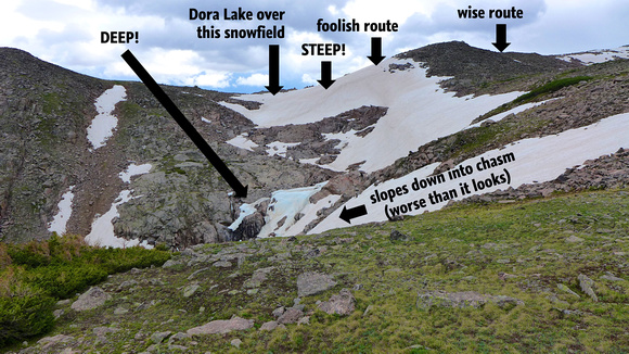 Dora Lake is over the snow-covered rise center frame. Chasm in between.