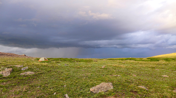 Dora Lake bench looking at storm to the east (tent left-center)